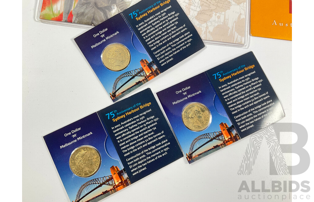 Three Australian 2007 UNC One Dollar Coins, Sydney Harbour Bridge, M Mint Mark with Four PNCs Including 1995 Weary Dunlop, 2010 Australia Remembers, Three 2007 Year of the Lifesaver