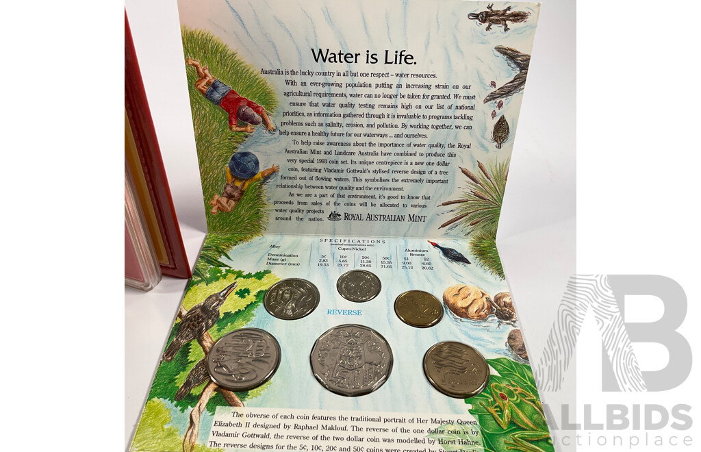 Australian 1990 Eight Proof Coin Set, 1993 Six UNC Coin Set, 1995 Six UNC Coin Set