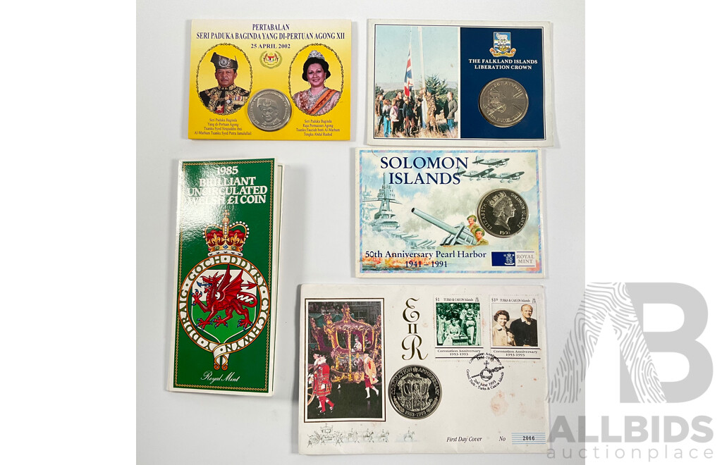 Collection of International UNC Coins Including Falkland Islands 1982 Liberation Crown, Solomon Islands 1991 Pearl Harbour One Dollar, Wales One Pound, Turks & Caicos Island 1993 Five Crowns1993, Malaysia 2002 One Ringgit