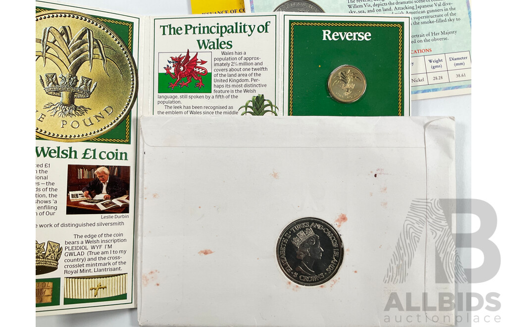 Collection of International UNC Coins Including Falkland Islands 1982 Liberation Crown, Solomon Islands 1991 Pearl Harbour One Dollar, Wales One Pound, Turks & Caicos Island 1993 Five Crowns1993, Malaysia 2002 One Ringgit