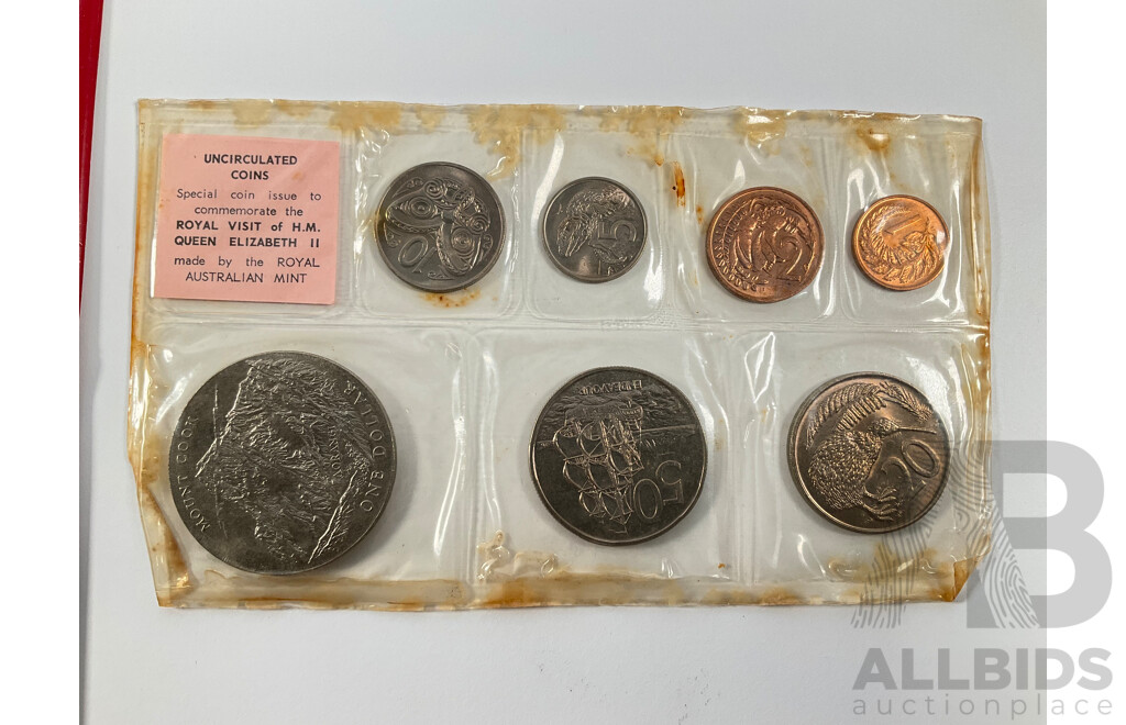 New Zealand RAM 1970 Coin Set, Royal Visit, 1965 Last Predecimal Coin Set, Brunei 1990's Souvenir Coin, Note, Stamp Set