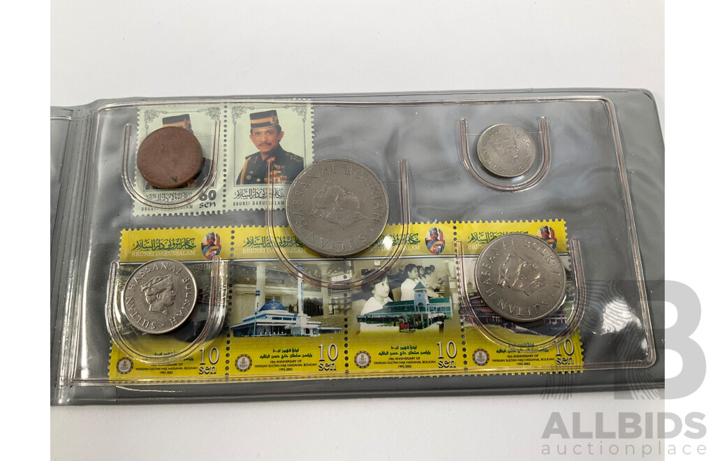 New Zealand RAM 1970 Coin Set, Royal Visit, 1965 Last Predecimal Coin Set, Brunei 1990's Souvenir Coin, Note, Stamp Set