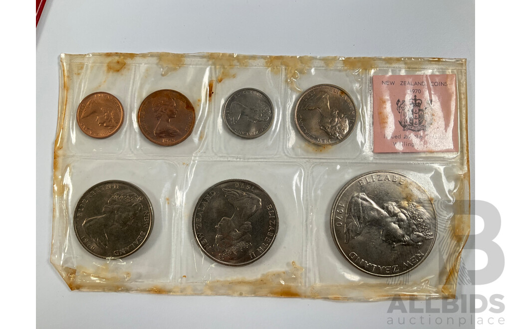 New Zealand RAM 1970 Coin Set, Royal Visit, 1965 Last Predecimal Coin Set, Brunei 1990's Souvenir Coin, Note, Stamp Set