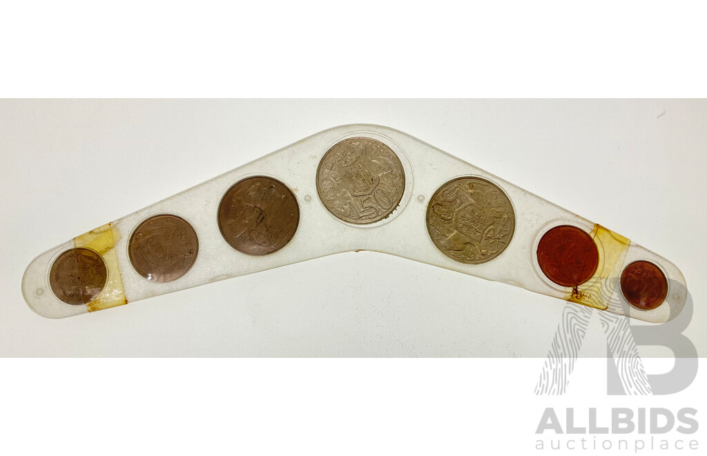 Australian 1966 Seven Coin Boomerang Set, Including Two 1966 Round Silver Fifty Cent Coins .800