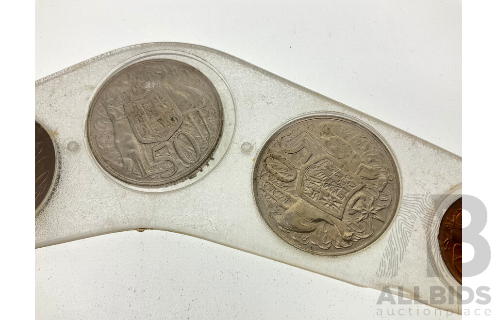 Australian 1966 Seven Coin Boomerang Set, Including Two 1966 Round Silver Fifty Cent Coins .800