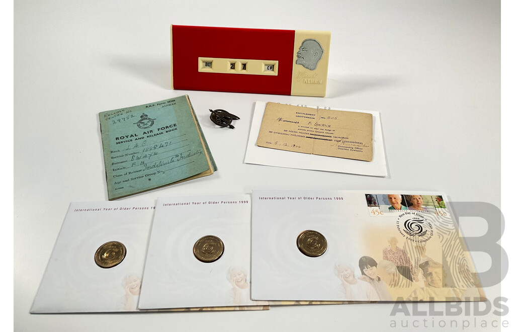 Three Australian 1999 One Dollar PNCs, International Year of the Older Persons with Royal Air Force Service and Release Book, Polish 505 Air Badge, USSR Lenin Desk Calendar