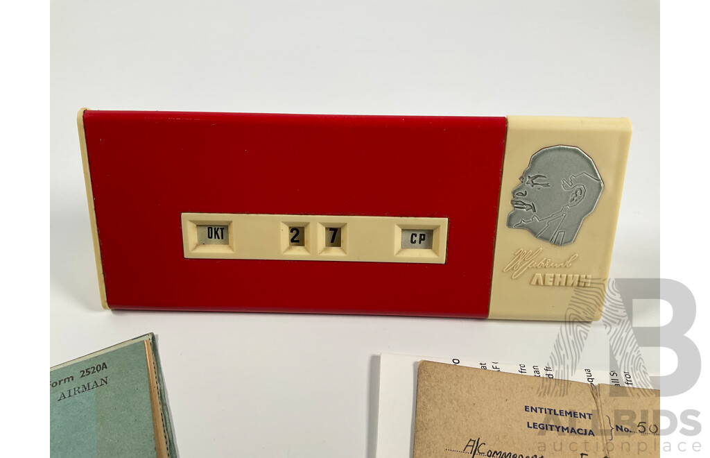 Three Australian 1999 One Dollar PNCs, International Year of the Older Persons with Royal Air Force Service and Release Book, Polish 505 Air Badge, USSR Lenin Desk Calendar