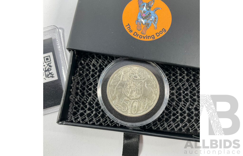 Australian 1966 Round Silver Fifty Cent Coin, the Droving Dog Gift Pack .800