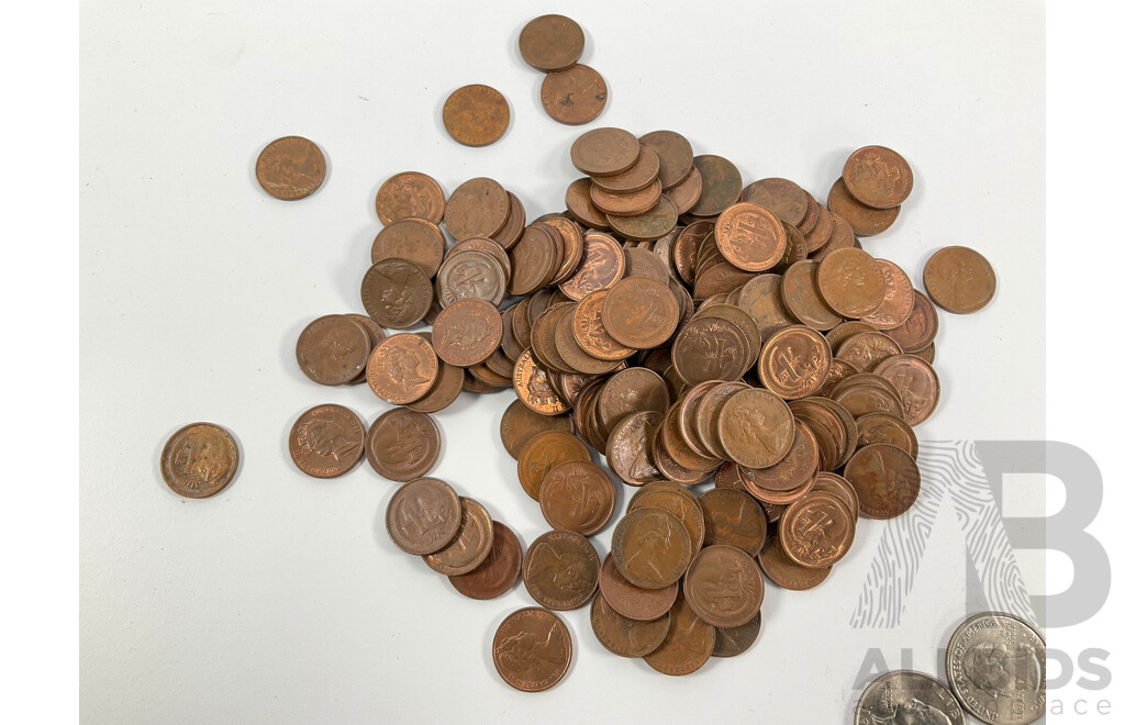 Collection of Australian One and Two Cent Coins with USA Quarters, Nickles, Dimes and Pennies