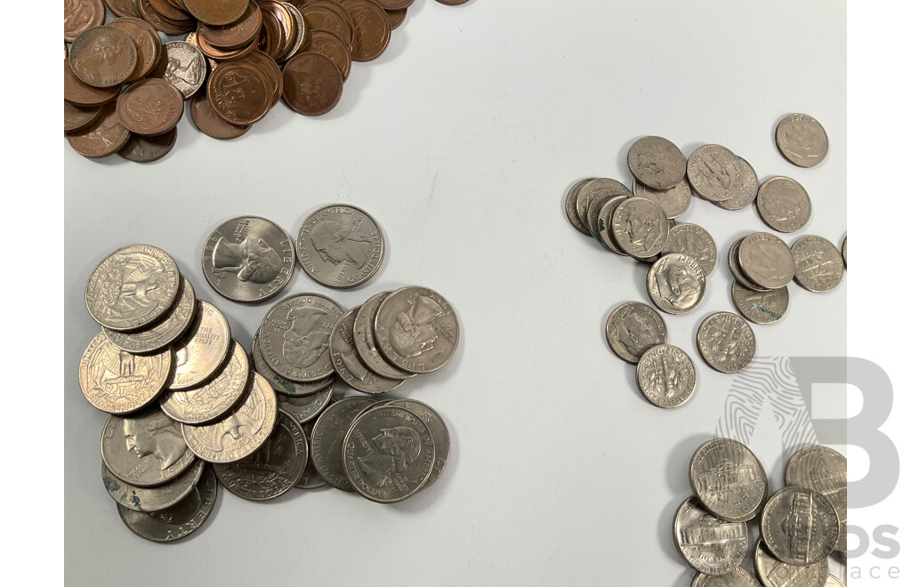 Collection of Australian One and Two Cent Coins with USA Quarters, Nickles, Dimes and Pennies
