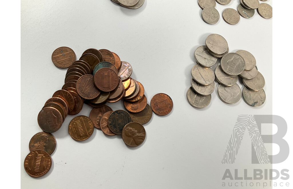 Collection of Australian One and Two Cent Coins with USA Quarters, Nickles, Dimes and Pennies