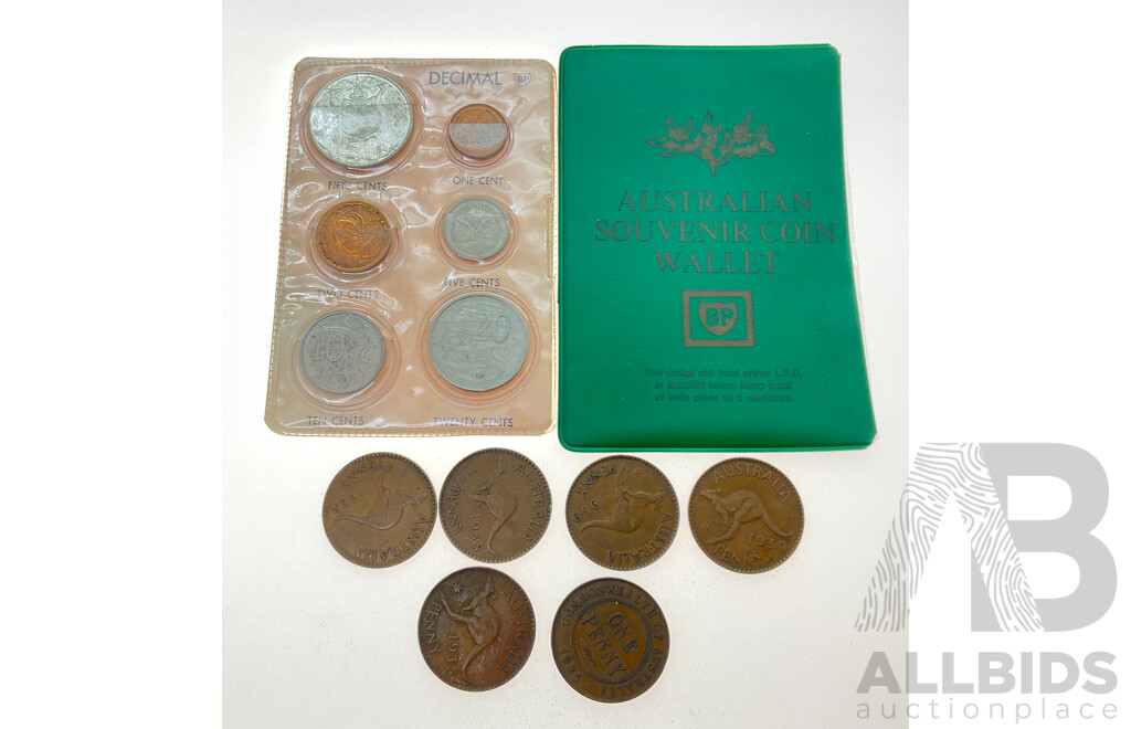 Australian 1966 BP Souvenir Decimal Coin Wallet Including Round Silver Fifty Cent Coin with Six Pennies, 1935, 1938(3) 1939(2)