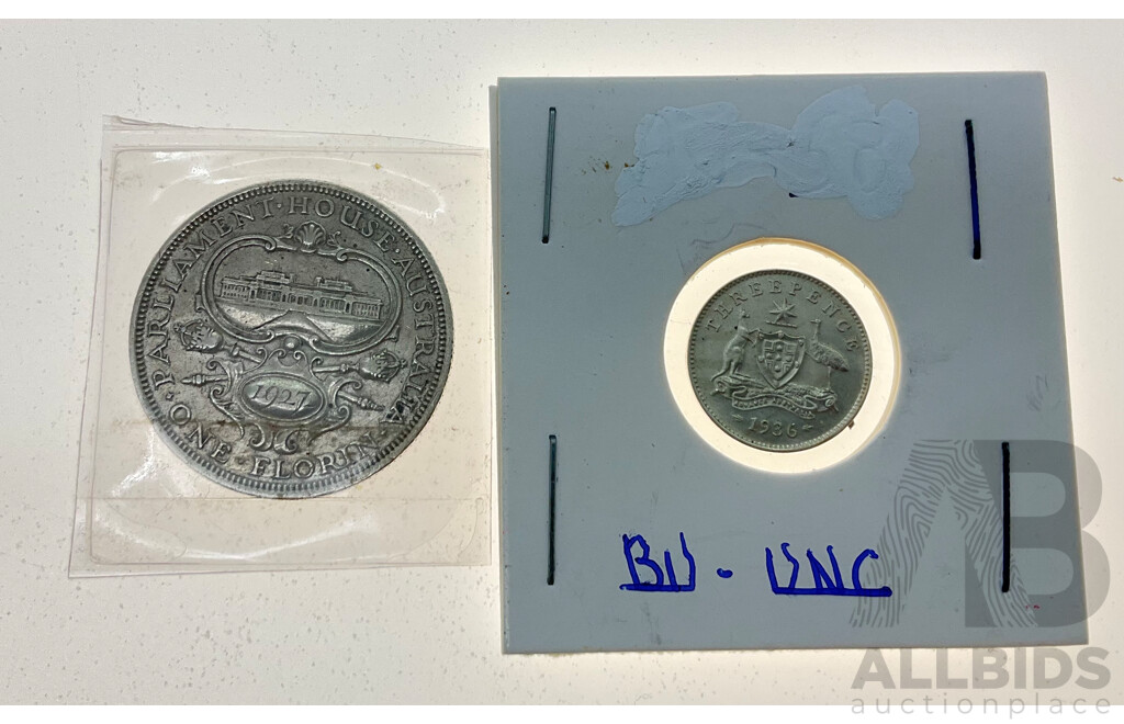 Australian 1927 Silver KGV Florin, Commemorative Canberra with 1936 Silver Threepence .925