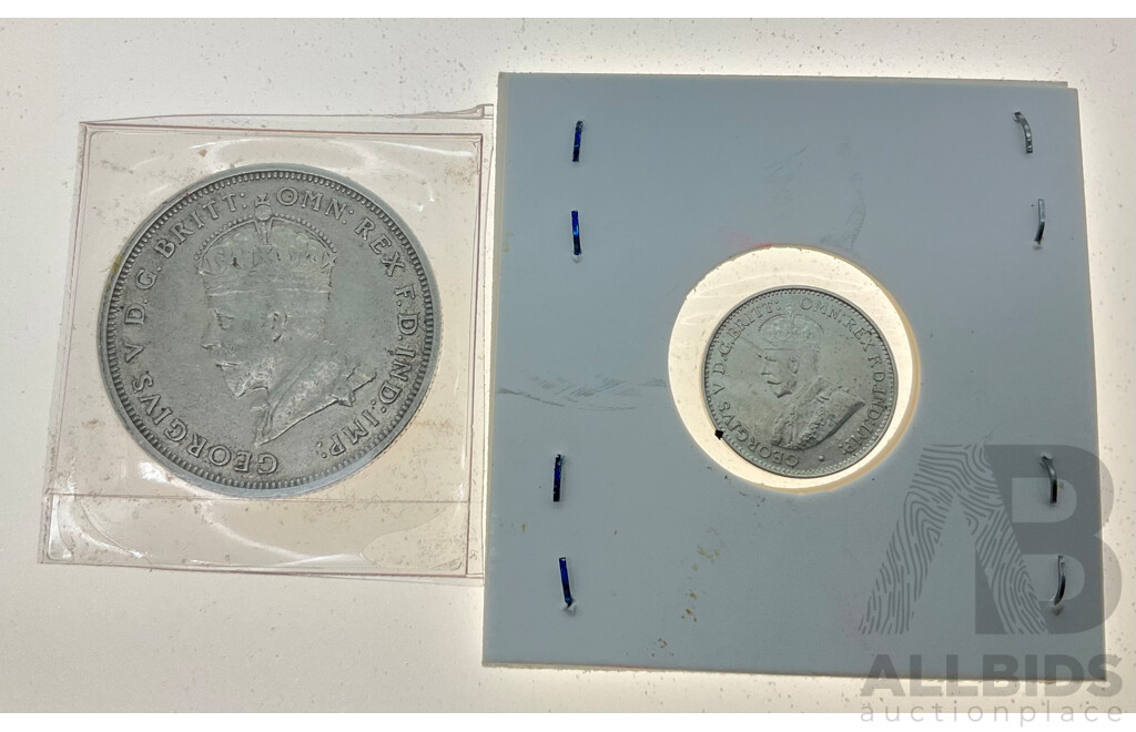 Australian 1927 Silver KGV Florin, Commemorative Canberra with 1936 Silver Threepence .925