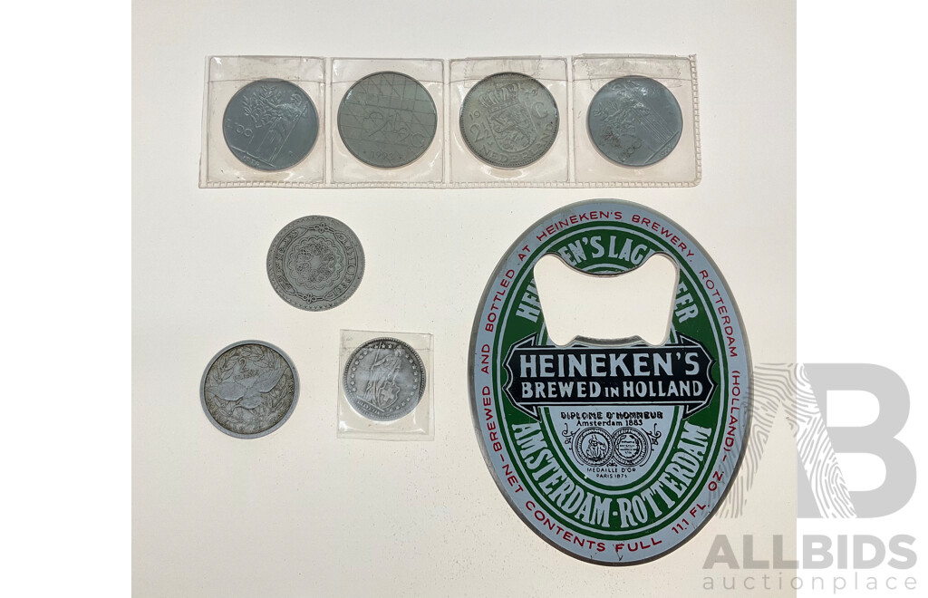 Syria 1936 Silver Fifty Piastres Coin, Switzerland 1944 Silver One Franc, Italy 1975, 1979 One Hundred Lire, Netherlands 1972, 1993 Two and Half Gulden, France 1949 Two Francs,  Heineken Bottle Opener