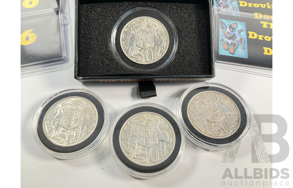 Four Australian 1966 Round Silver Fifty Cent Coins, the Droving Dog Gift Packs .800