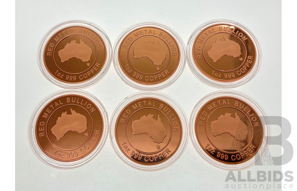 Six Australian Red Metal Bullion One Ounce Copper Coins