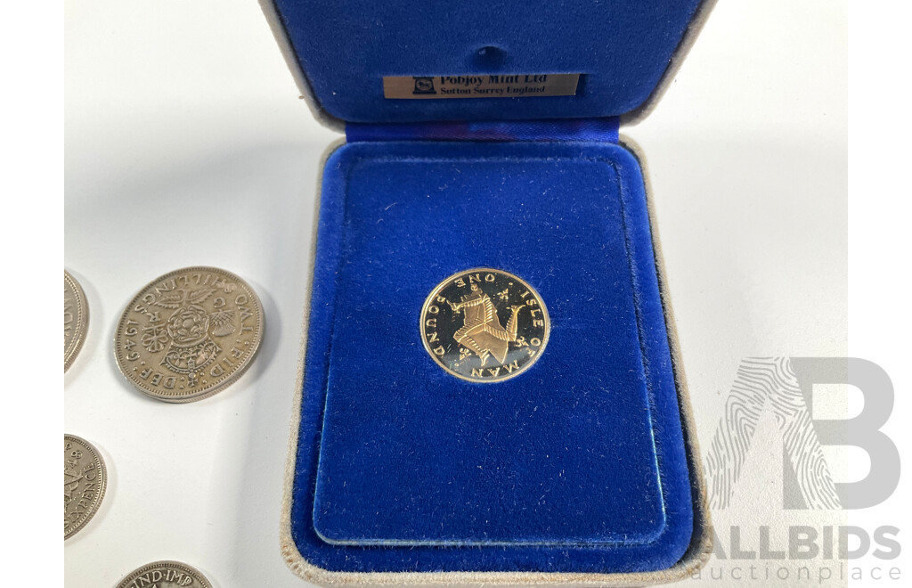 Isle of Man 1978 Virenium One Pound Coin with Four United Kingdom Half Crowns, Two Shillings, One Shilling, 1948 and Silver 1943 Sixpence
