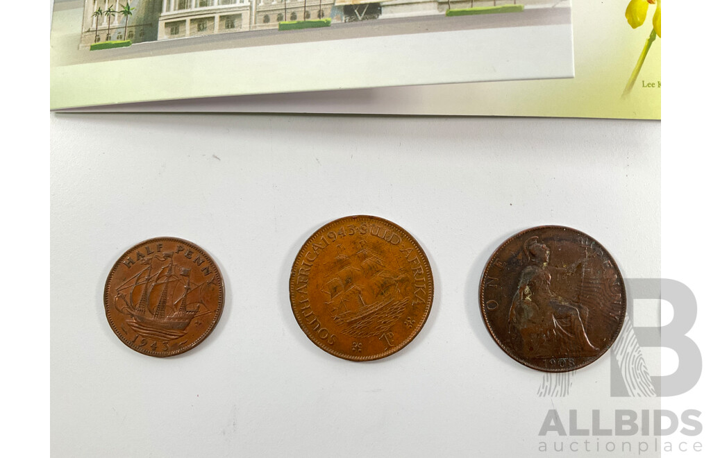 United Kingdom 2022 Brilliant UNC Two Pound Coin, Alexander Graham Bell, 1908, 1920, 1937 Pennies 1943 Half Penny, New Zealand 1958 One Penny,  South Africa 1943 One Penny, Singapore 2023 UNC Ten Dollar Coin