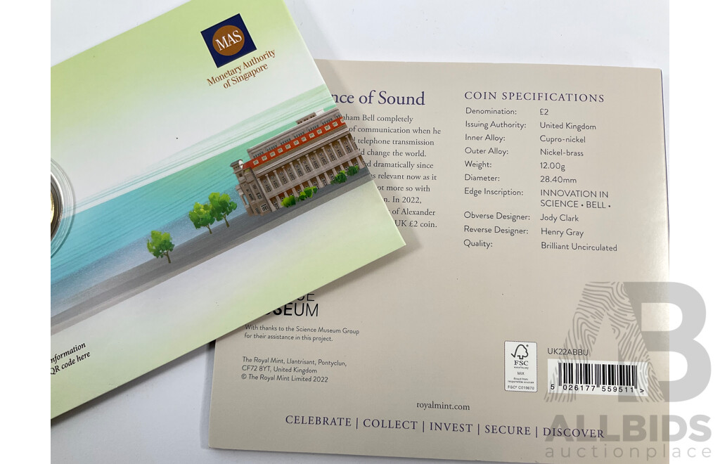 United Kingdom 2022 Brilliant UNC Two Pound Coin, Alexander Graham Bell, 1908, 1920, 1937 Pennies 1943 Half Penny, New Zealand 1958 One Penny,  South Africa 1943 One Penny, Singapore 2023 UNC Ten Dollar Coin