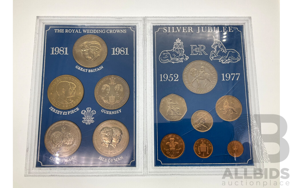 United Kingdom 1977 QE2 Silver Jubilee UNC Coin Set with 1981 Royal Wedding Crown Set