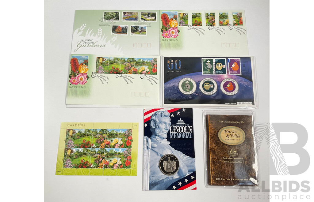 Australian RAM 2000 Burke & Wills Two Coin Set, 2009 Earth Hour First Day Cover, 2000 Mini Sheet and First Day Covers, British Virgin Islands 2022 Lincoln Memorial Dollar