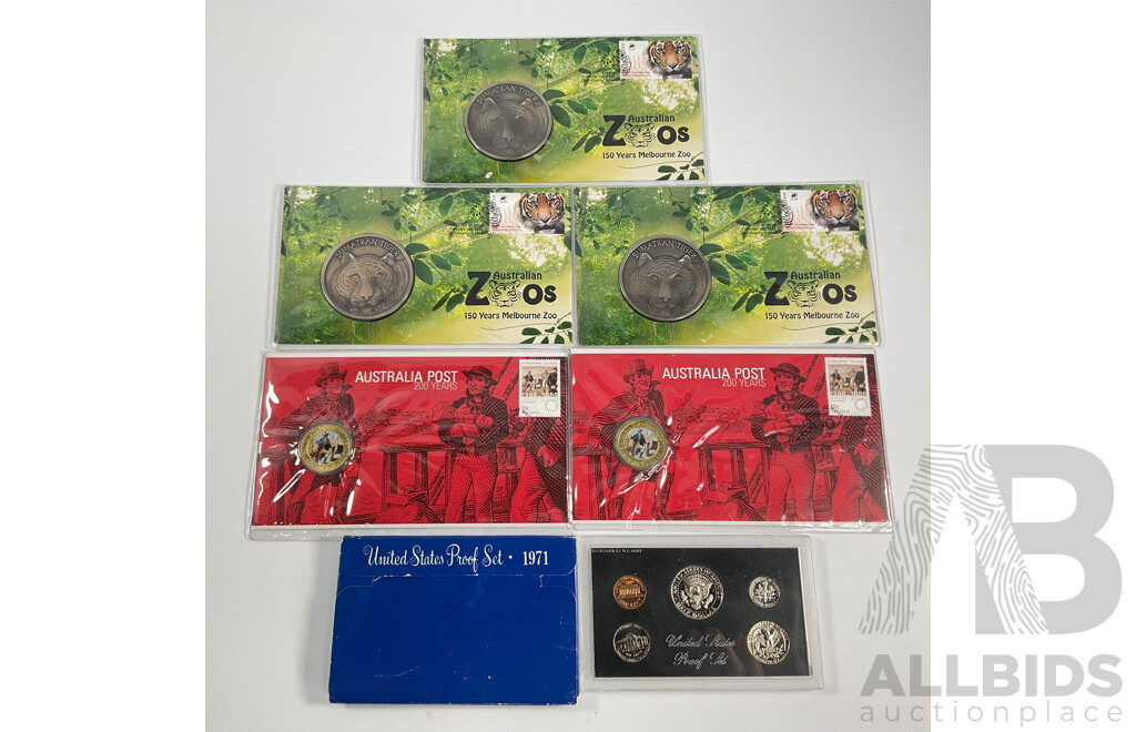 Three Australian Zoos 150 Years of Melbourne Zoo PNCs, Two Australia Post 200 Years PNCs, USA 1971 Five Proof Coin Set