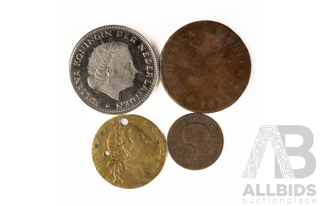 Collection of Antique and Vintage International Coins Including Netherlands 1979 Silver Two and Half Gulden, Kingdom of Prussia 1839 One Silbergroschen, Chile 1851 One Centavo,  United Kingdom 1790 Imitation Spade Guinea