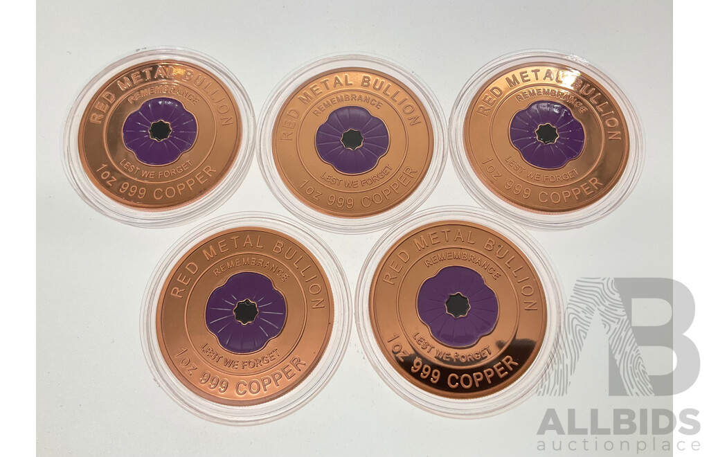 Five Australian Red Metal Bullion One Ounce Copper Coins, Purple Poppy Remembrance, Lest We Forget