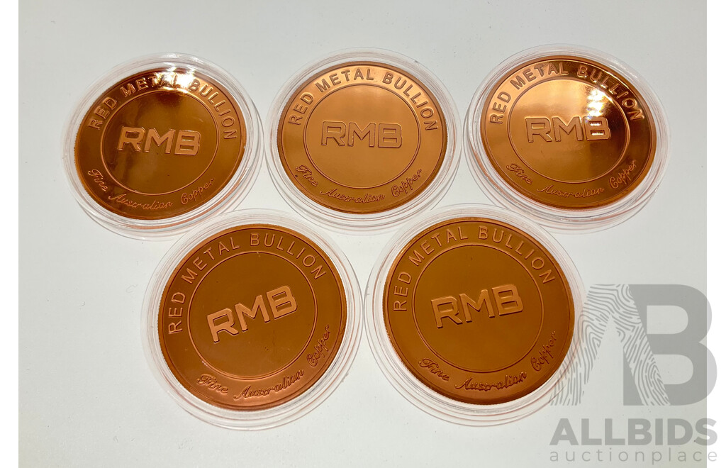 Five Australian Red Metal Bullion One Ounce Copper Coins, Purple Poppy Remembrance, Lest We Forget