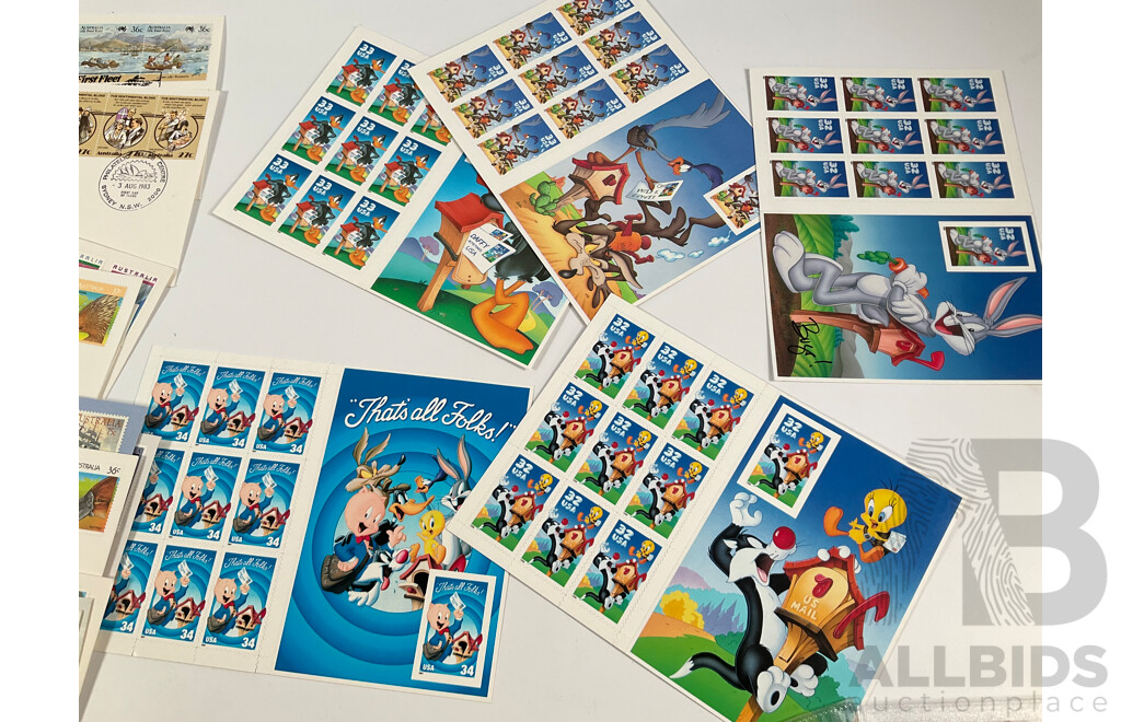 Australian Commemorative Fifty and Twenty Cent Coins, 1980's and 90's First Day Covers, Great Britain Regional 1986 UNC Crown Set, USA Looney Tunes Stamps