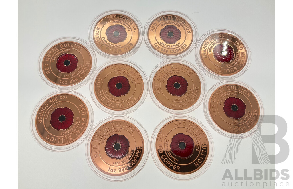 Ten Australian Red Metal Bullion One Ounce Copper Coins, Red Poppy Remembrance, Lest We Forget