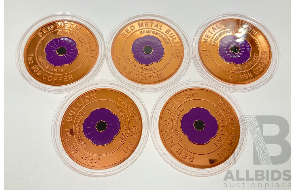 Five Australian Red Metal Bullion One Ounce Copper Coins, Purple Poppy Remembrance, Lest We Forget