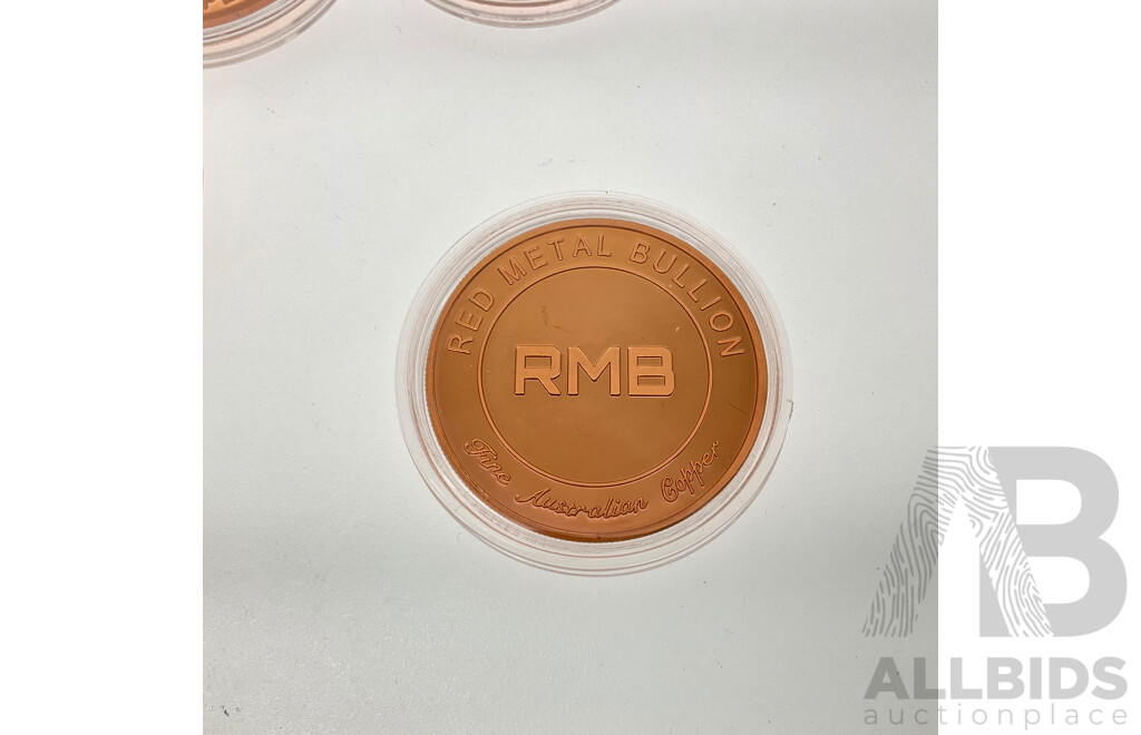 Five Australian Red Metal Bullion One Ounce Copper Coins, Purple Poppy Remembrance, Lest We Forget