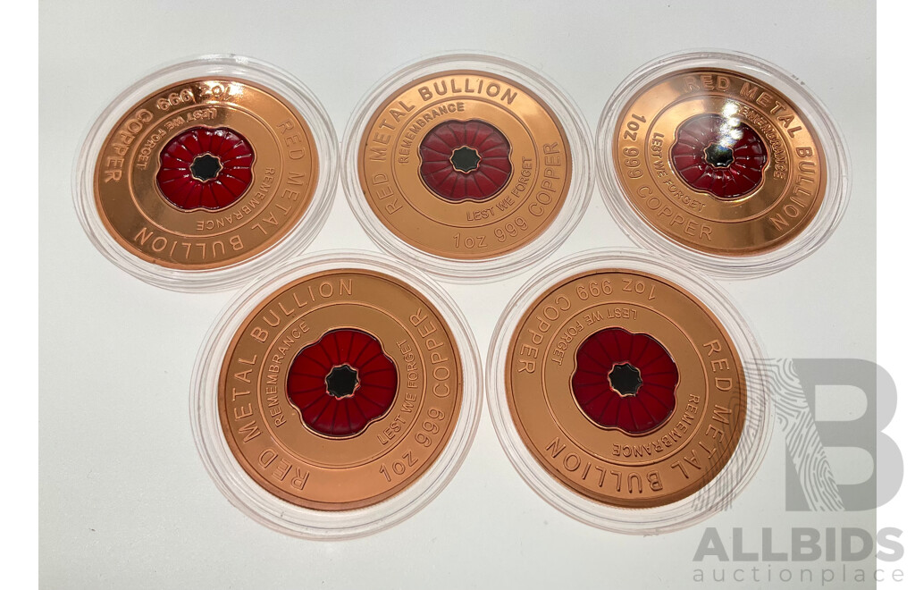 Five Australian Red Metal Bullion One Ounce Copper Coins, Red Poppy Remembrance, Lest We Forget