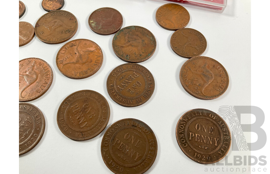 Australian 1996 Commemorative Five Dollar Coin, Tribute to Donald Bradman, Two 1970 Fifty Cents, Captain Cook, Collection of Pennies and Half Spanning 1920 to 1963, One and Two Cent Coins