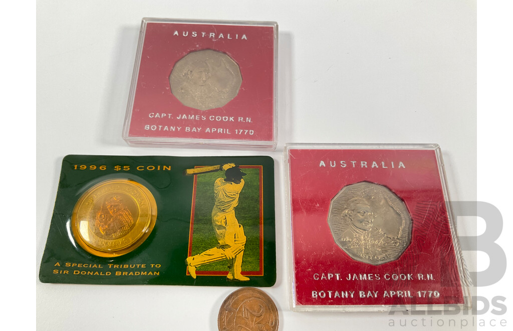 Australian 1996 Commemorative Five Dollar Coin, Tribute to Donald Bradman, Two 1970 Fifty Cents, Captain Cook, Collection of Pennies and Half Spanning 1920 to 1963, One and Two Cent Coins