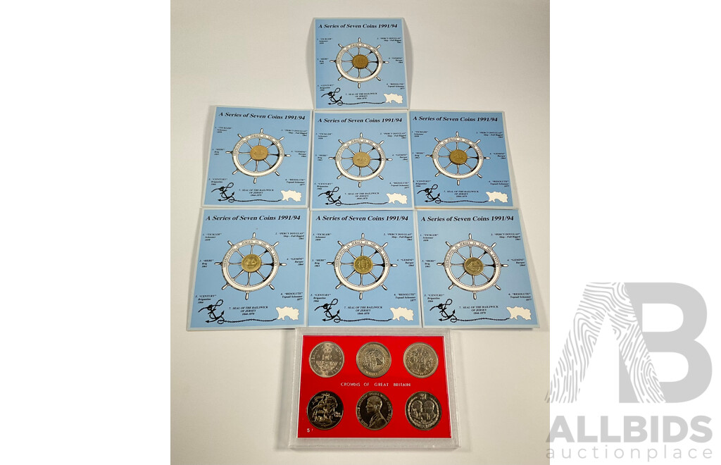 Jersey 1991/94 Seven One Pound Coin Set, Ship Building in Jersey in the 19th Century with Crowns of Great Britain Six Coin Set