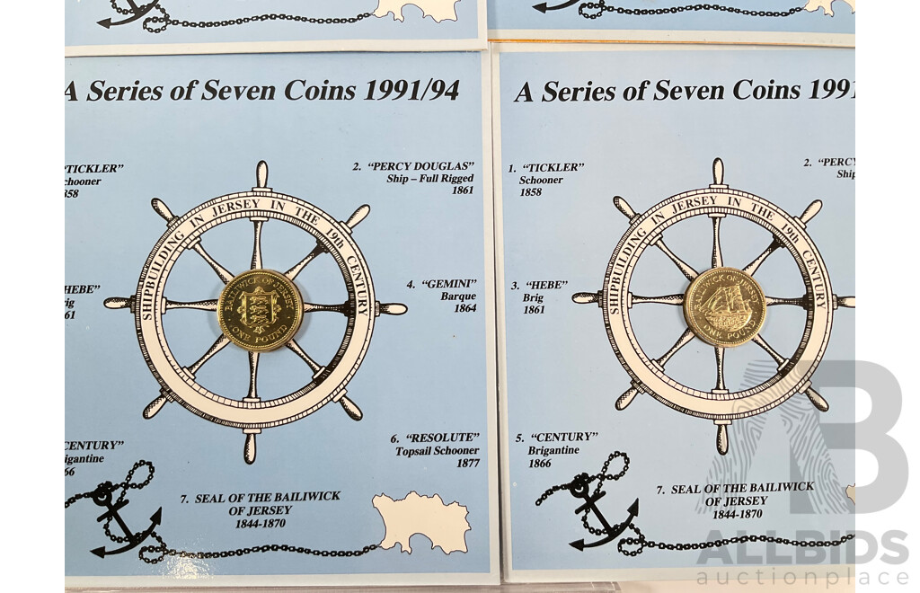 Jersey 1991/94 Seven One Pound Coin Set, Ship Building in Jersey in the 19th Century with Crowns of Great Britain Six Coin Set