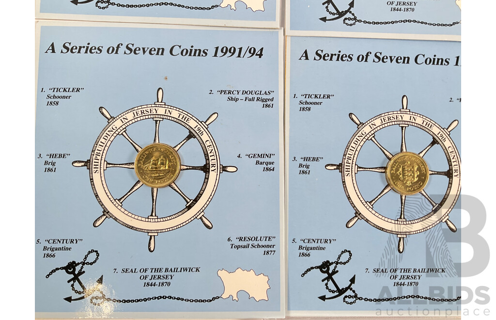 Jersey 1991/94 Seven One Pound Coin Set, Ship Building in Jersey in the 19th Century with Crowns of Great Britain Six Coin Set