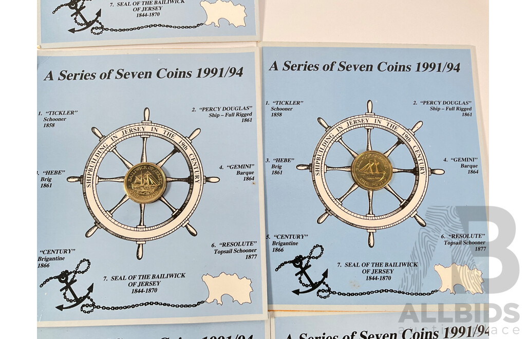 Jersey 1991/94 Seven One Pound Coin Set, Ship Building in Jersey in the 19th Century with Crowns of Great Britain Six Coin Set