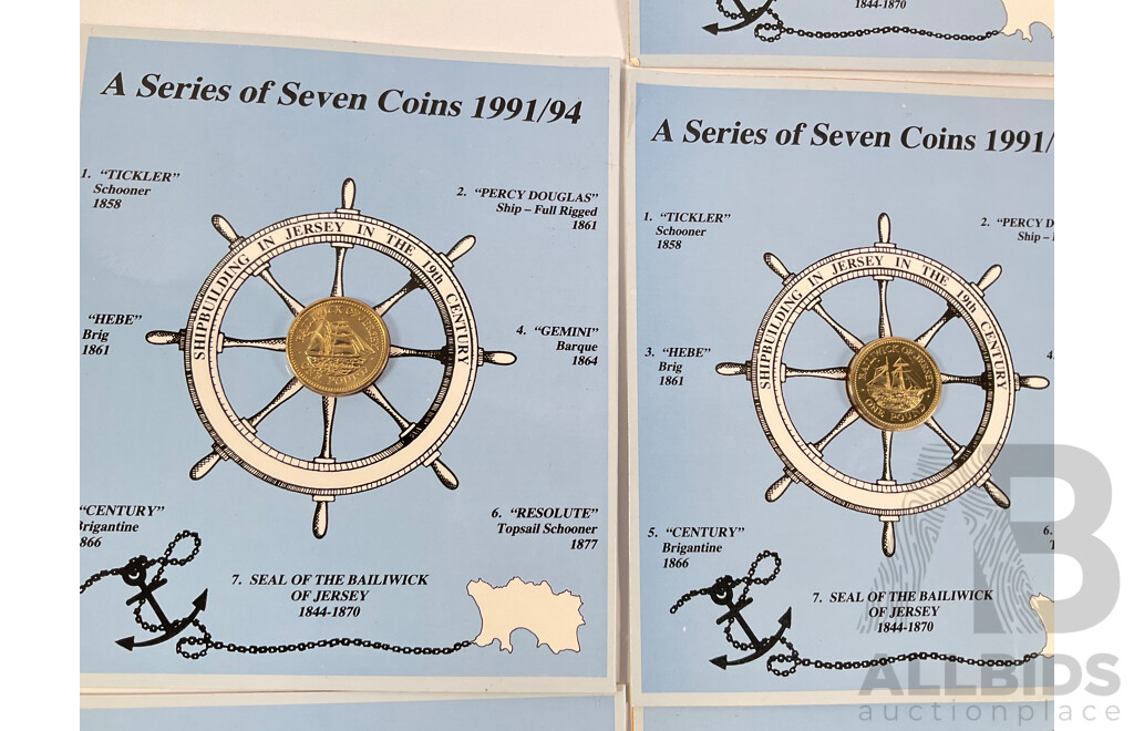 Jersey 1991/94 Seven One Pound Coin Set, Ship Building in Jersey in the 19th Century with Crowns of Great Britain Six Coin Set