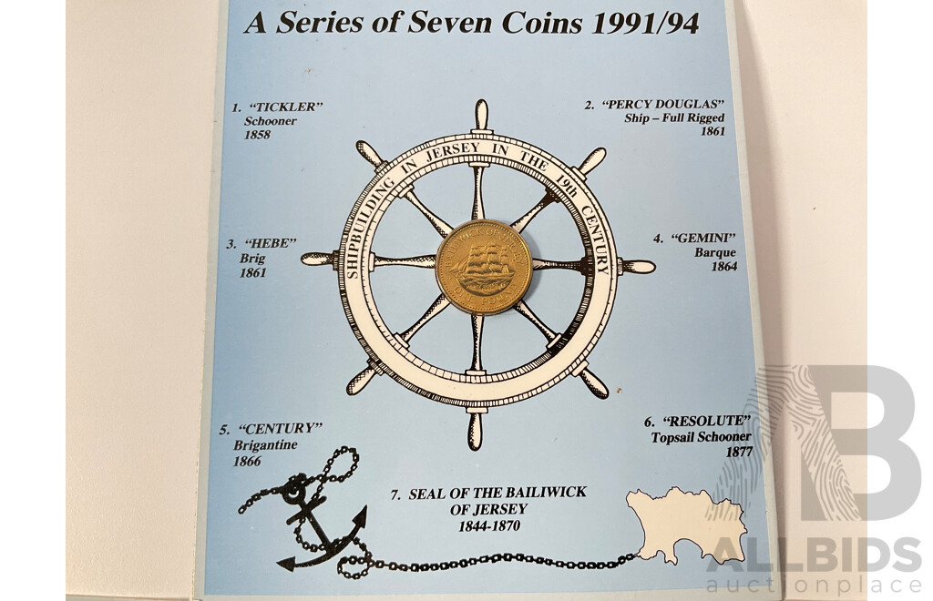 Jersey 1991/94 Seven One Pound Coin Set, Ship Building in Jersey in the 19th Century with Crowns of Great Britain Six Coin Set