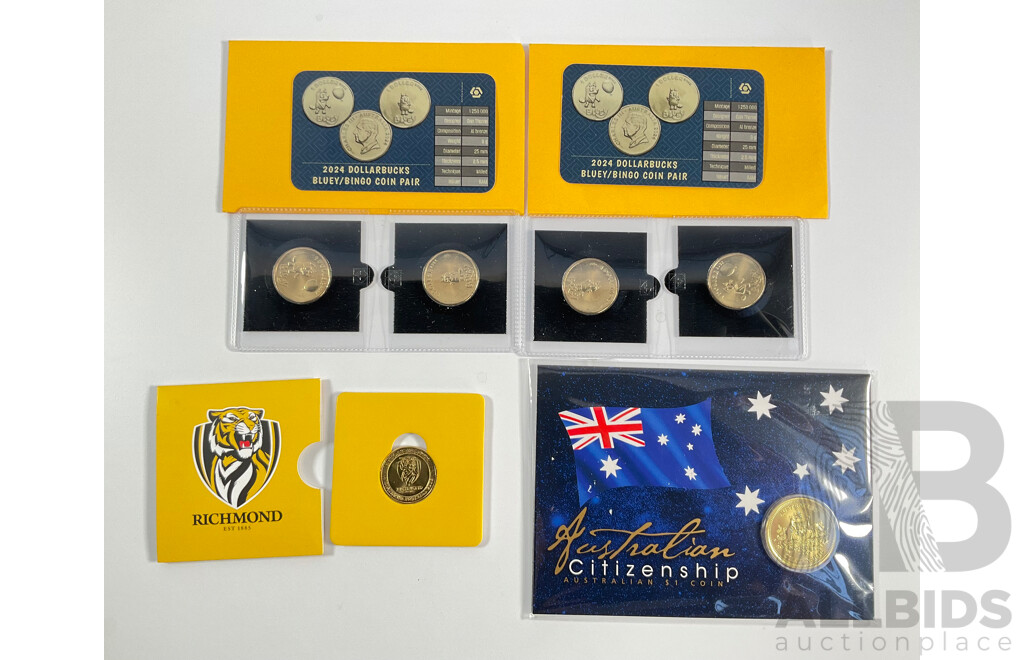 Collection of Australian Commemorative One Dollar Coins Including Two 2024 Bluey/Bingo Coin Pairs, 2023 Richmond Football Club and 2019 Australian Citizenship