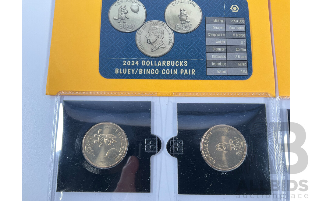 Collection of Australian Commemorative One Dollar Coins Including Two 2024 Bluey/Bingo Coin Pairs, 2023 Richmond Football Club and 2019 Australian Citizenship