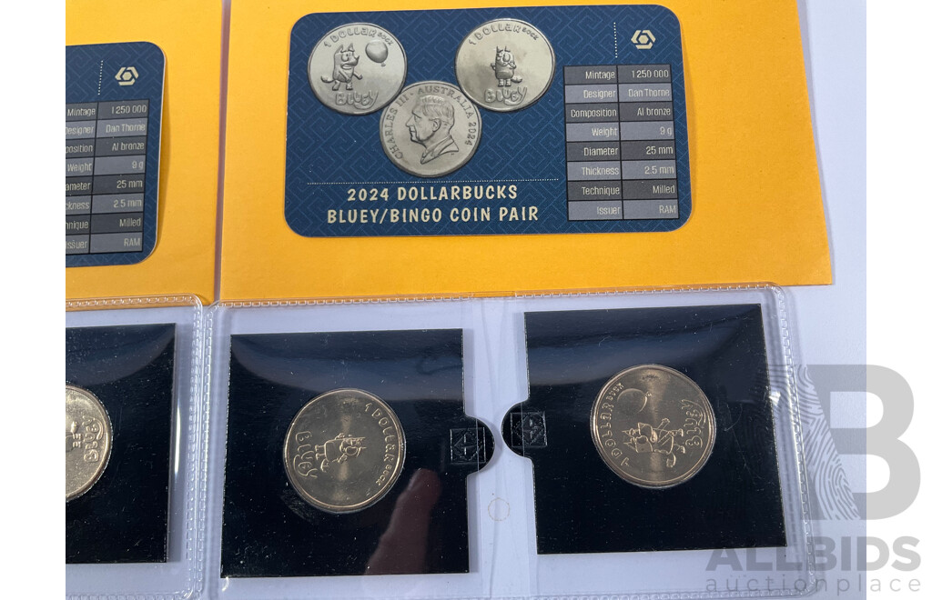 Collection of Australian Commemorative One Dollar Coins Including Two 2024 Bluey/Bingo Coin Pairs, 2023 Richmond Football Club and 2019 Australian Citizenship