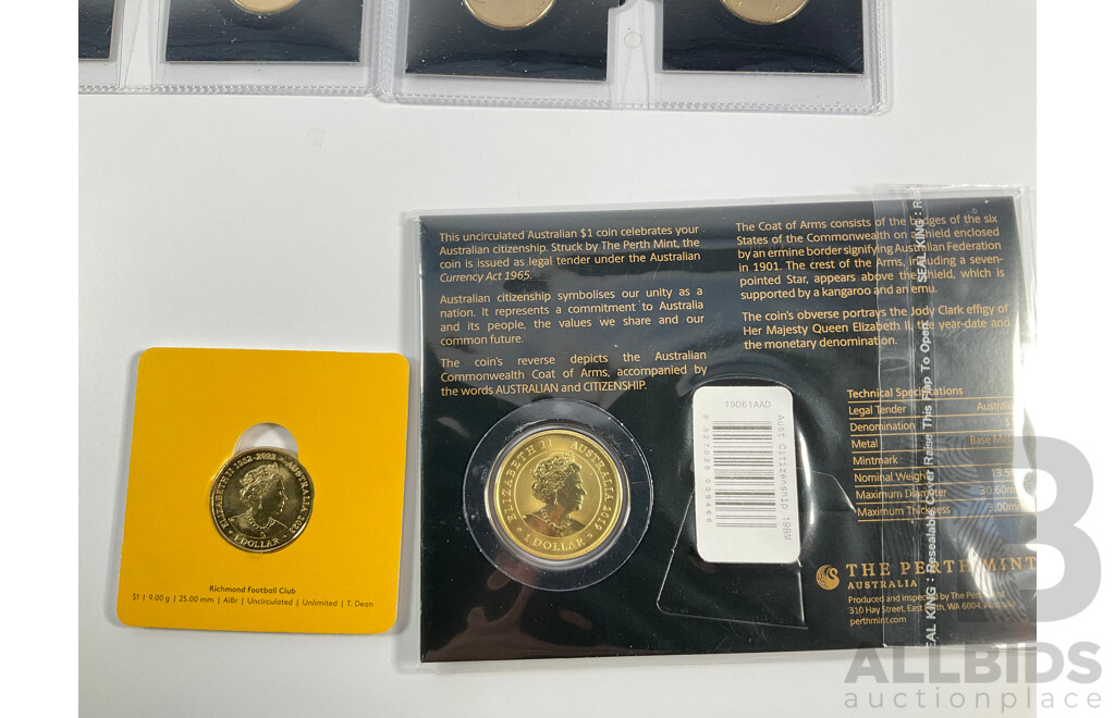 Collection of Australian Commemorative One Dollar Coins Including Two 2024 Bluey/Bingo Coin Pairs, 2023 Richmond Football Club and 2019 Australian Citizenship