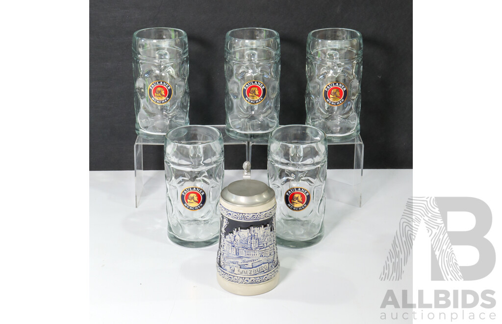 Collection of Six German Steins Including Paulaner Munchen One Liter Dimple Glass and Salzburg Pewter Blue/Grey Ceramic Example