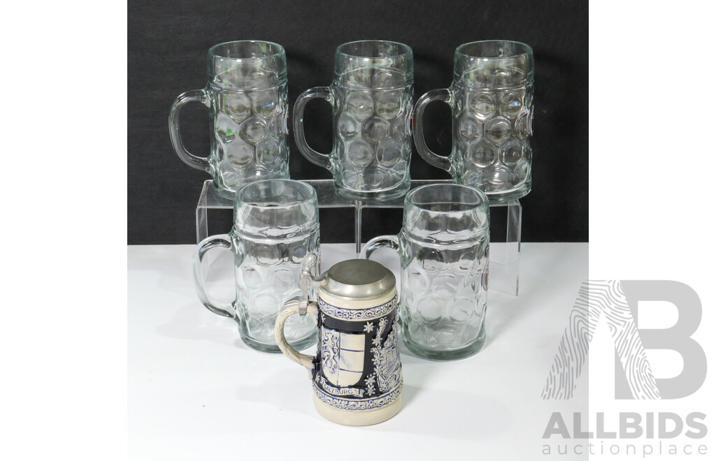 Collection of Six German Steins Including Paulaner Munchen One Liter Dimple Glass and Salzburg Pewter Blue/Grey Ceramic Example