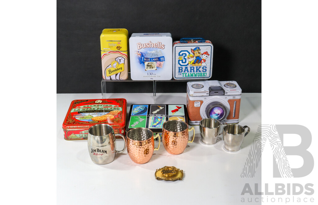 Harley Davidson Belt Buckle with Six Storage Tins Including Film Camera Example and Copper Tone and Stainless Steel Cups